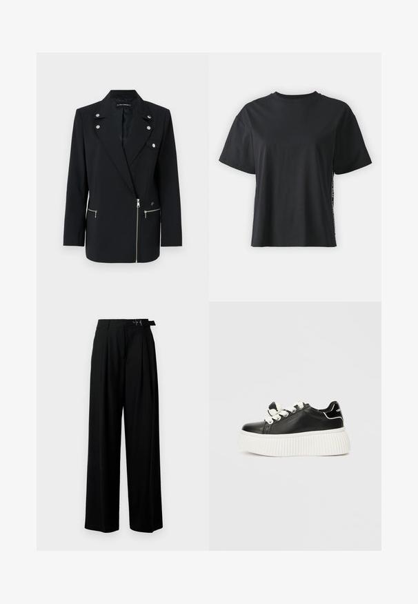 Svart skräddarsydd kavaj med silverfärgade detaljer, med ett skarpt krage, blixtlåsförsedda framfickor och en asymmetrisk design.; Svart kortärmad t-shirt i bomull med avslappnad passform och kontrasterande sidopanel som har små texter och designdetaljer.; Svarta byxor med vida ben och hög midja, med veck framtill och ett bälte med spänne. Tillverkade av ett mjukt, lätt tyg.; Svart lädersneaker med en tjock vit ribbad sula, som har vita skosnören och en dekorativ rosett på tungan.