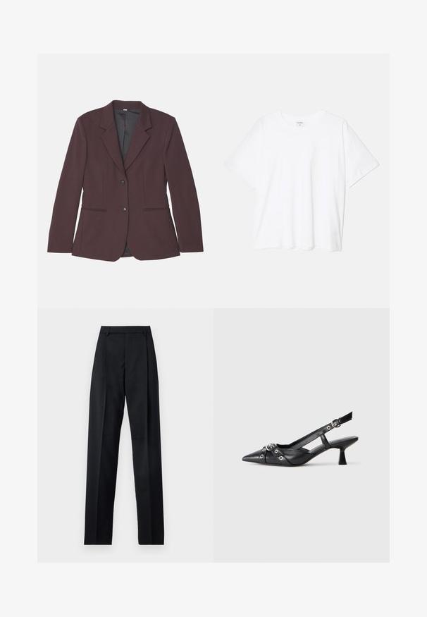 Burgundy blazer with a notched lapel, two front pockets, and a single button closure. Smooth fabric with a tailored, structured design.; White cotton t-shirt with short sleeves, round neckline, relaxed fit, and stitched hem. Label visible on the inside neck.; Black trousers made from smooth fabric featuring a high waist, wide legs, front pleats, and classic belt loops. No side pockets visible.; Black leather slingback shoe with a pointed toe, decorative straps featuring metal eyelets, and a low block heel. Textured surface.