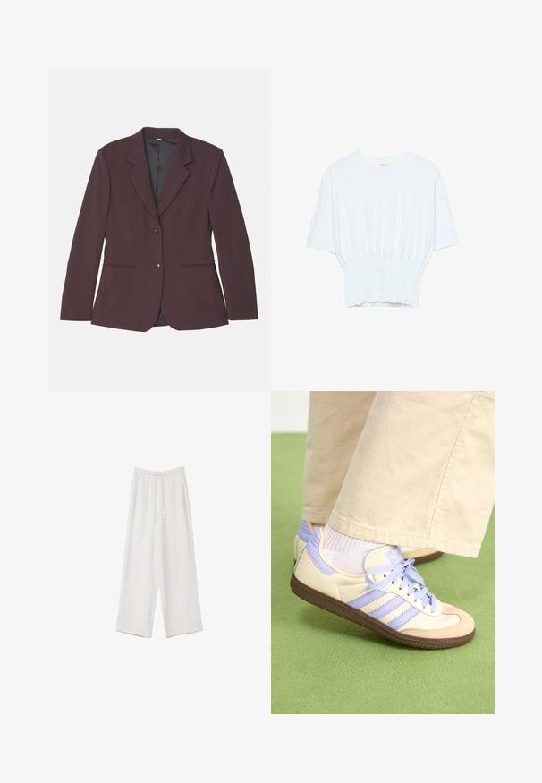 Bordo sako s reverom, s dva prednja džepa i zatvaranjem na jedan dugme. Glatka tkanina s krojenim, strukturalnim dizajnom.; Bijela majica kratkih rukava s opuštenim krojem i nabrano teksturom na struku. Izrađena od mekog, laganog materijala.; Bijele hlače širokih nogavica napravljene od lagane tkanine. Imaju elastičan pojas s ušicom i bočne džepove. Glatka tekstura.; Kremasto-ljubičaste tenisice s tri pruge i strukturiranim smeškim potplatom, s vezicama i podstavljenim petom. Mekana gornja tkanina.
