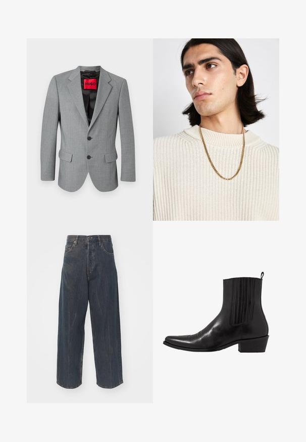 Szary żakiet wykonany z teksturowanej tkaniny, z klapami, dwiema przednimi kieszeniami, trzema czarnymi guzikami i czerwoną etykietą "HUGO" wewnątrz.; Biała, długosleeve koszula zapinana na guziki z bawełny, z klasycznym kołnierzykiem, guzikami z przodu i minimalnymi detalami przeszycia.; Szerokie, ciemnoniebieskie dżinsy z subtelnym efektem przetarcia, pięć kieszeni oraz klasyczne zapięcie na guzik i zamek błyskawiczny w talii.; Czarne skórzane botki za kostkę z wąskim noskiem, elastycznymi bocznymi panelami, pionowymi przeszyciami i niskim słupkowym obcasem.; Złoty naszyjnik noszony na kremowym swetrze z prążkowanego dzianiny; miękka tekstura z wysokim kołnierzem i subtelnym wzorem w tkaninie.