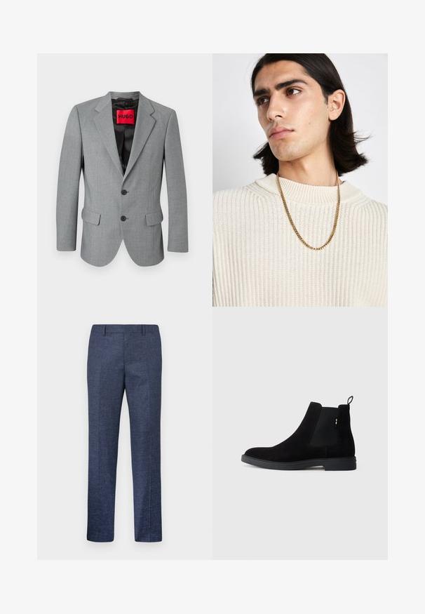 Hallitus hall vest, mis on valmistatud tekstureeritud kangast, millel on lõhega krae, kaks esist taskut, kolm musta nuppu ja punane "HUGO" silt sees.; Valge pikkade varrukatega nööpidega särk, mis on valmistatud puuvillast, klassikalise krae, eest nööpide ja minimaalsete õmblusdetailidega.; Tumed sinine püksid, mis on valmistatud tekstuuriga kangast, sirgete jalgega, tasase esiosa ja kahe küljetaskuga. Ilma nähtavate mustrite või aksessuaarideta.; Mustad nubuk Chelsea saapad elastsete külgpaneelide, ümarate varvaste ja madala kummitaldiga. Tagaküljel on tõmblõng lihtsaks jalga panemiseks.; Kuldne kettkaelakee, mis on kantud kreemjas ribakudumisest ülesse; pehme tekstuur kõrgema kaelusega ja õrn muster kangas.