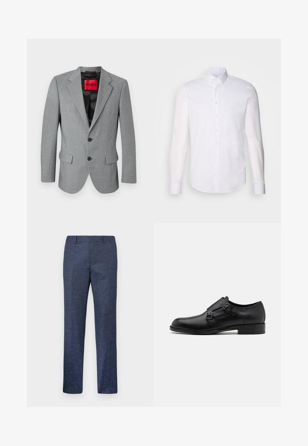 Szary żakiet wykonany z teksturowanej tkaniny, z klapami, dwiema przednimi kieszeniami, trzema czarnymi guzikami i czerwoną etykietą "HUGO" wewnątrz.; Biała, długosleeve koszula zapinana na guziki z bawełny, z klasycznym kołnierzykiem, guzikami z przodu i minimalnymi detalami przeszycia.; Granatowe spodnie wykonane z teksturowanej tkaniny, z prostymi nogawkami, płaskim przodem i dwoma bocznymi kieszeniami. Brak widocznych wzorów lub akcentów.; Czarne skórzane buty do garnituru z podwójnymi klamrami, smukła sylwetka i okrągły czubek. Posiadają niski obcas i gładką fakturę.