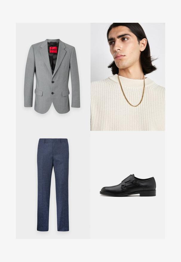 Pilkas švarkas, pagamintas iš tekstūruoto audinio, su įpjovomis pečiais, dviem priekinėmis kišenėmis, trimis juodais mygtukais ir raudona "HUGO" etikete viduje.; Baltas ilgas rankoves mygtukinis marškinys, pagamintas iš medvilnės, su klasikinio tipo apykakle, priekyje esančiais mygtukais ir minimaliais siuvinėjimo detalėmis.; Tamsiai mėlynos kelnės, pagamintos iš tekstūruoto audinio, su tiesiomis kojomis, lygia priekiu ir dviem šoninėmis kišenėmis. Nėra matomų raštų ar akcentų.; Juodas odinis vakariniu batų modelis su dviem sagtimis, elegantiška siluetas ir apvaliu nosiu. Yra žemas kulnas ir glotni tekstūra.; Auksinė grandinėlė, dėvima ant grietinėlės spalvos pagal įstrižainę megztinio; švelni tekstūra su aukštu apykakle ir subtiliu audinio raštu.