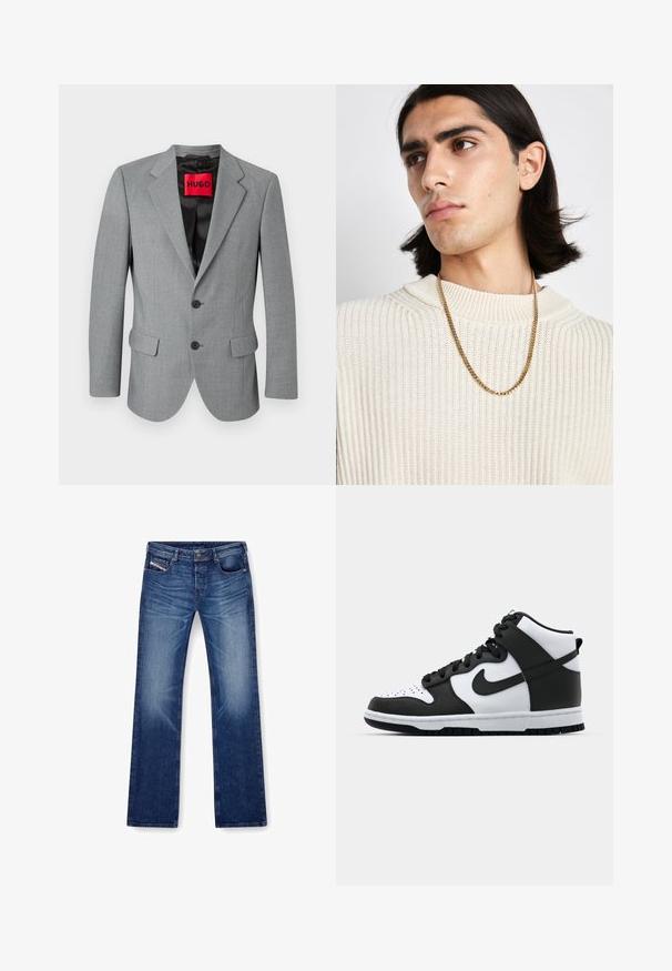 Grijze blazer van gestructureerde stof, met een notch-lapel, twee voorzakken, drie zwarte knopen en een rode "HUGO" label aan de binnenzijde.; Witte lange mouwen overhemd met knopen, gemaakt van katoen, voorzien van een klassieke kraag, voorkant met knopen en minimale stikdetails.; Blauwe denim jeans met een recht model, vijf zakken en een tonale stiksels. De stof heeft een gladde textuur met een lichte vervaging.; Zwart-witte hoge sneakers met leren bovenwerk, geperforeerde neus, prominente swoosh-logo en een getextureerde rubberen zool.; Gouden kettinghalsketting gedragen boven een crème geribbelde gebreide trui; zachte textuur met een hoge kraag en een subtiel patroon in de stof.