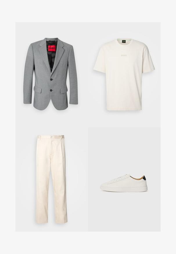 Szürke blézer textúrált anyagból, kivágott hajtókával, két elülső zsebbel, három fekete gombbal és egy piros "HUGO" címkével a bélésében.; BOSS TEE - Basic póló - open white; Beige pamut nadrág egyenes szárú kivágással, gombos záródással és elülső redőkkel a részletek fokozása érdekében.; Fehér sportcipő sima bőr felsőrésszel, kerek orral és lapos talppal. Fekete akcentus a saroknál, tonális fűzőkkel és minimális márkajelzéssel.