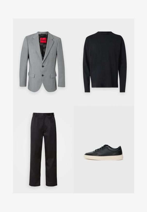 Šedý blazer vyrobený z texturované tkaniny, s klopovým límcem, dvěma předními kapsami, třemi černými knoflíky a červeným štítem "HUGO" uvnitř.; Černá dlouhá polokošile vyrobená z jemné látky. Má kulatý výstřih a spadlé ramenní švy. Hladký povrch bez viditelných vzorů.; Černé kalhoty vyrobené z hladké tkaniny, se zapínáním na přední knoflík, sklady a rovnými nohavicemi. Bez viditelných vzorů nebo doplňků.; Černé kožené nízké tenisky s černými tkaničkami a slonovinovou podešví, zobrazené v bočním profilu na bílém pozadí.