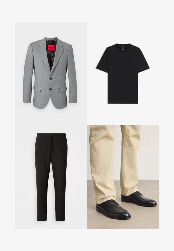 Grijze blazer van gestructureerde stof, met een notch-lapel, twee voorzakken, drie zwarte knopen en een rode "HUGO" label aan de binnenzijde.; Zwarte korte mouwen T-shirt van een gladde katoenmix, met een ronde halslijn en een minimalistisch ontwerp zonder patronen of accenten.; Zwarte joggingsbroek van gladde stof. Kenmerkt zich door een elastische tailleband met een trekkoord, taps toelopende benen en geen zichtbare zakken. Eenvoudig ontwerp.; Zwarte leren veterschoenen met een ronde neus, een gladde afwerking en subtiele stikdetails, gedragen met lichtbeige broeken.