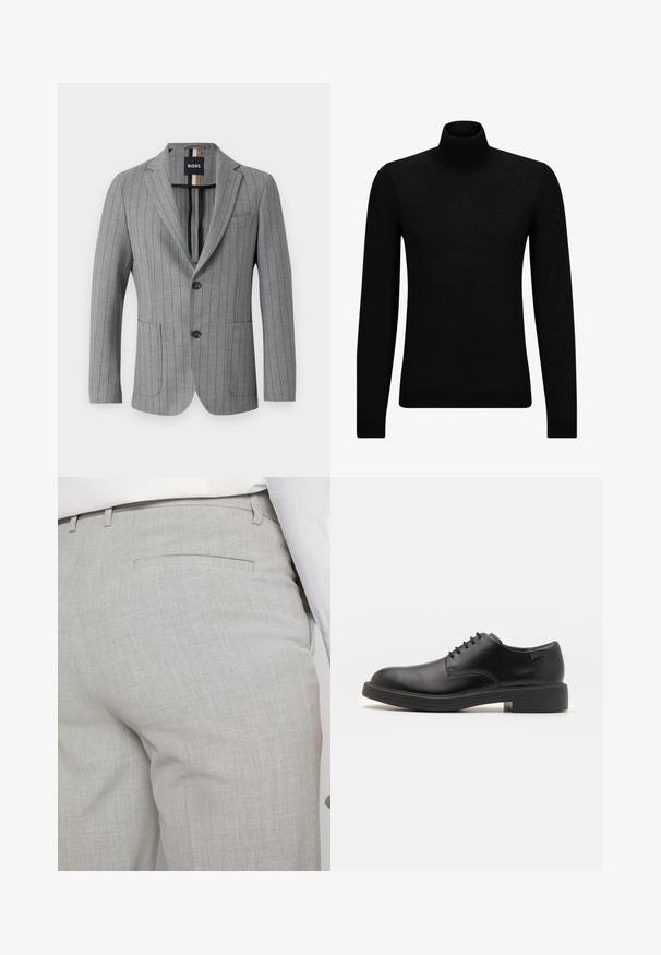 Light grey blazer with vertical pinstripes, two front pockets, peak lapels, two buttons, and a label inside featuring brand colors.; Black turtleneck sweater made of soft material, featuring long sleeves and a snug fit. Ribbed trim at the hem and cuffs. Simple design.; Light gray tailored trousers made of textured fabric, featuring a single back pocket and clean stitching.; Black leather lace-up shoe with a rounded toe, smooth texture, minimal stitching, and a low rubber heel. Logo on the heel.