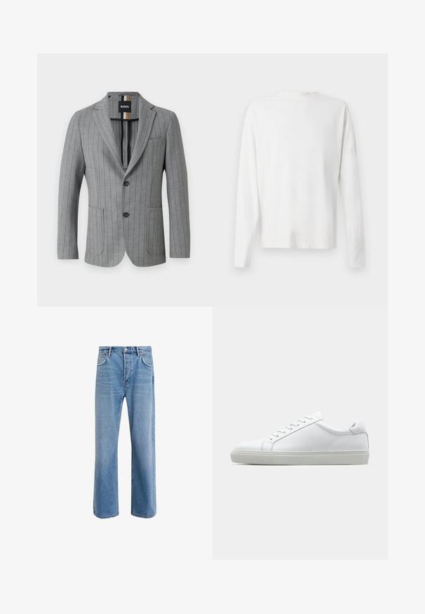 Blazer cinza claro com riscas verticais, dois bolsos frontais, lapelas pontiagudas, dois botões e um rótulo interior com as cores da marca.; Camisa de algodão branca de mangas longas com decote redondo, fendas laterais na parte inferior e uma textura suave, mostrada de trás.; Calças de ganga azul claro com um design de perna reta, cinco bolsos, fecho de botão, desgaste mínimo e detalhes de costura em contraste.; Sapatilha branca com um cabedal em couro liso e de perfil baixo. Apresenta um bico redondo, seis ilhoses e uma sola de borracha texturizada.