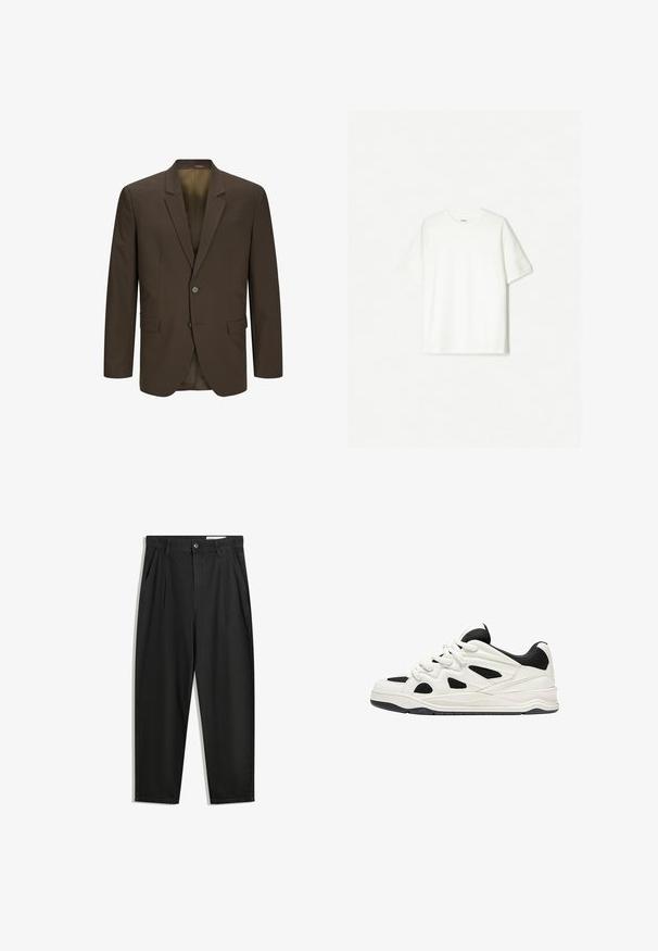 Sacou maro cu rever clasic, design simplu cu un singur rând de nasturi, două buzunare frontale și două nasturi. Material neted cu o ușoară strălucire.; Tricou alb cu mânecă scurtă, made din bumbac moale. Design cu gât rotund, cu o croială lejeră și fără logo-uri sau modele vizibile.; Pantaloni negri din bumbac cu croială lejeră, având un brâu clasic, plii frontale și buzunare laterale. Textură netedă fără modele.; Adidași albi și negri cu o talpă texturată, având desene decupate pe laterale și șireturi, și un călcâi căptușit pentru susținere.