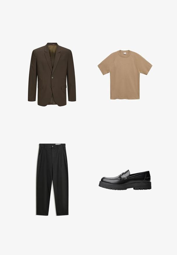 Hnedý blejzer s klopovým golierom, jednoradový dizajn, dve predné vrecká a dva gombíky. Hladká tkanina s jemným leskom.; Mango Základné tričko - beige; Čierne bavlnené nohavice s voľným strihom, s klasickým pásom, prednými záhybmi a bočnými vreckami. Hladká textúra bez vzorov.; Čierne kožené mokasíny s masívnou podrážkou a dekoratívnym pásom cez hornú časť, zobrazené z ľavého bočného profilu na bielom pozadí.