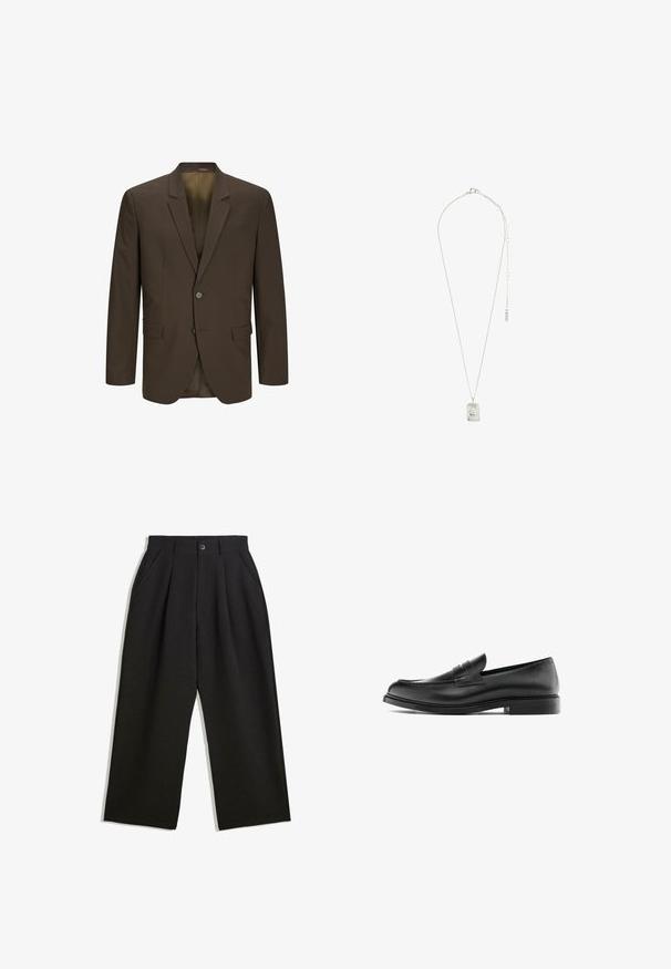 Blazer marrone con revers a punta, design a un petto, due tasche anteriori e due bottoni. Tessuto liscio con una leggera lucentezza.; Maglietta nera a maniche lunghe tipo henley, realizzata in tessuto morbido, con patta bottonata, scollatura rotonda e maniche aderenti.; Pantaloni neri con una vestibilità comoda, caratterizzati da pieghe frontali, tasche laterali e chiusura con bottone. Realizzati in tessuto testurizzato.; Mocassino penny in pelle nera con tacco basso, punta arrotondata e dettagli cuciti lungo la tomaia, mostrato in profilo laterale su uno sfondo bianco.; Collana d'argento con un pendente rettangolare dal design intricato, una catena fine e un fermo regolabile per la regolazione della lunghezza.