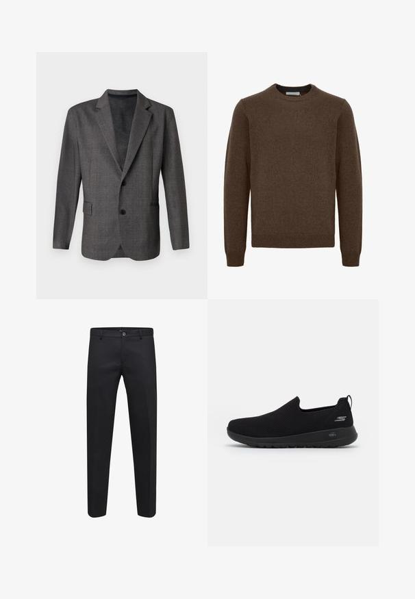 Szary marynarka z teksturowanym wzorem, z klapami typu notch, na dwa guziki i z kieszenią na przodzie. Wykonana z gładkiej tkaniny, dopasowany krój.; Brązowy sweter dzianinowy z okrągłym dekoltem, długimi rękawami, ściągaczami na rękawach i u dołu. Wykonany z miękkiego, teksturowanego materiału. Brak widocznych wzorów lub akcentów.; Czarne dopasowane spodnie uszyte z gładkiego materiału, z zapięciem na guzik, pętlami na pasek i bocznymi kieszeniami, z prostymi nogawkami.; Czarne sneakersy wsuwane z przewiewną siateczką na górze, okrągłym noskiem i amortyzowaną gumową podeszwą. Posiadają logo po boku.