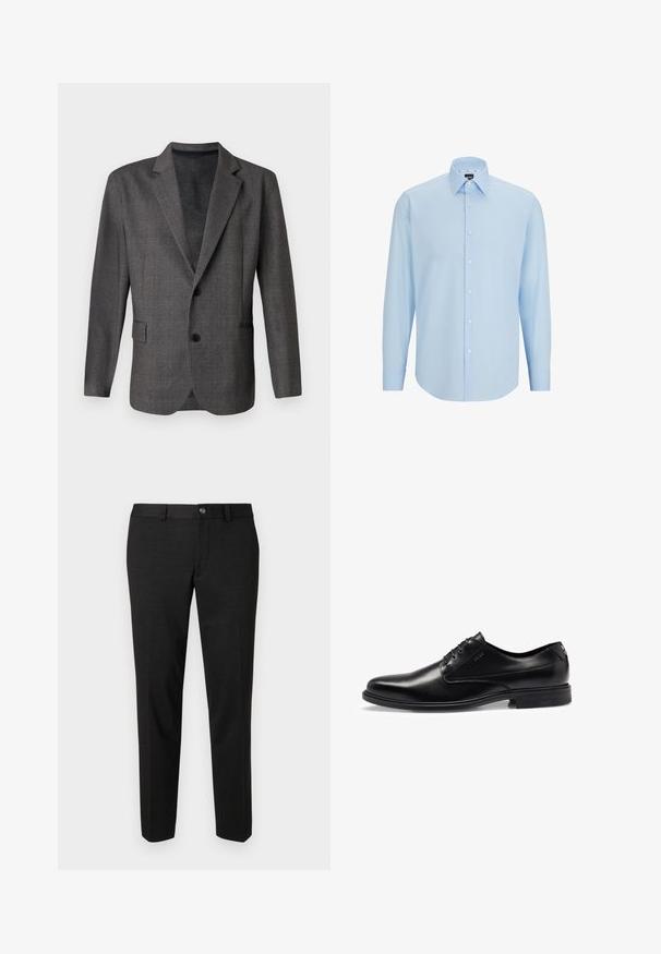 Grijze blazer met een gestructureerd patroon, notch revers, twee knopen en een voorkant zak. Gemaakt van een gladde stof, getailleerde pasvorm.; Lichtblauw overhemd met lange mouwen, gemaakt van gladde stof, met een knoopsluiting aan de voorkant, een puntkraag en een reguliere pasvorm.; Zwarte broeken gemaakt van een gladde stof. Ze hebben een rechte snit, een vlakke voorkant en een knoopsluiting met een eenvoudig taillebandontwerp.; Zwarte leren dresschoenen met een gladde afwerking, vetersluiting, ronde neus en subtiele stiksels. Beschikt over een zwarte rubberen zool.