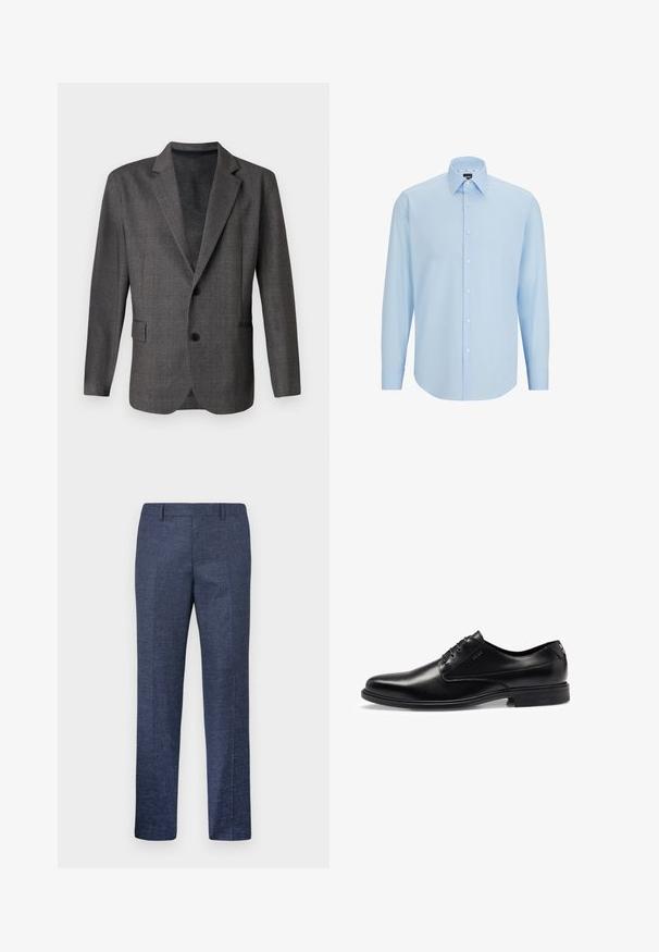 Grå blazer med et struktureret mønster, stikkraver, to knapper og en forlommes. Lavet af et glat stof, skræddersyet pasform.; Lyseblå langærmet skjorte lavet af glat stof, med knaplukning foran, spids krave og normal pasform.; Marineblå bukser lavet af et struktureret stof, med lige ben, flad front og to sidelommer. Ingen synlige mønstre eller accenter.; Sorte læder dress sko med en glat overflade, snørebåndsdesign, rundt tå og subtile syninger. Har en sort gummisål.