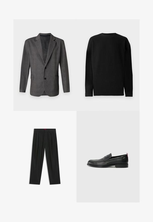 Grijze blazer met een gestructureerd patroon, notch revers, twee knopen en een voorkant zak. Gemaakt van een gladde stof, getailleerde pasvorm.; Zwarte lange mouwen trui van ribmateriaal. Heeft een ronde halslijn en een recht gesneden zoom met aansluitende manchetten. Eenvoudig en effen kleur ontwerp.; Zwarte broek met een geplooid ontwerp, wijde pijpen en een zachte textuur. Voorzien van een rode taillebandlabel.; Zwarte leren instappers met een textuur aan de voorkant en gladde zijden. Voorzien van een slanke hak en een lus aan de achterkant voor gemakkelijk aan- en uittrekken. Klassiek ontwerp.