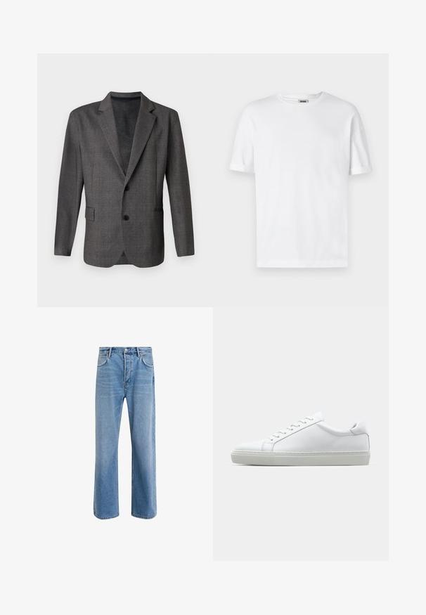 Gray blazer with a textured pattern, notch lapels, two buttons, and a front pocket. Made from a smooth fabric, tailored fit.; White cotton t-shirt with a crew neck, short sleeves, and rolled cuffs; unadorned design, soft texture, and straight cut.; Light blue denim jeans with a straight-leg design, five pockets, button closure, minimal fading, and contrasting stitching details.; White sneaker with a smooth leather upper and a low profile. Features a rounded toe, six eyelets, and a textured rubber sole.