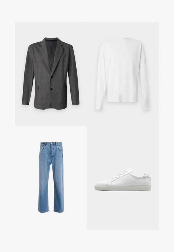 Blazer grigio con un motivo testurizzato, rever a punta, due bottoni e tasca frontale. Realizzato in un tessuto liscio, vestibilità su misura.; Camicia bianca in cotone a maniche lunghe con scollatura rotonda, spacchi laterali in fondo e una texture liscia, mostrata da dietro.; Jeans in denim blu chiaro con design a gamba dritta, cinque tasche, chiusura con bottone, leggero sbiadimento e dettagli di cucitura a contrasto.; Sneaker bianco con tomaia in pelle liscia e profilo basso. Presenta una punta arrotondata, sei occhielli e una suola in gomma testurizzata.