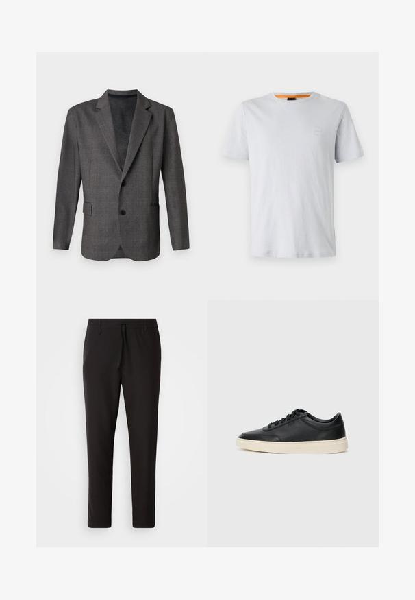 Γκρίζα σακακιέρα με υφή, με κανονικά πέτο, δύο κουμπιά και μπροστινή τσέπη. Κατασκευασμένη από απαλό ύφασμα με κομψή εφαρμογή.; Ανοιχτό γκρίζο κοντομάνικο μπλουζάκι από βαμβάκι, με μικρή λογότυπη ετικέτα στο στήθος και αντίθετη πορτοκαλί λεπτομέρεια στον λαιμό.; Μαύρο παντελόνι τζόγκινγκ φτιαγμένο από λείο ύφασμα. Διαθέτει ελαστική μέση με κορδόνι, κωνικά πόδια και χωρίς ορατές τσέπες. Απλός σχεδιασμός.; Μαύρο δερμάτινο σνίκερ χαμηλού προφίλ με μαύρες κορδόνες και ελαφρώς λευκή σόλα, εμφανίζεται σε πλάγια προφίλ σε λευκό φόντο.