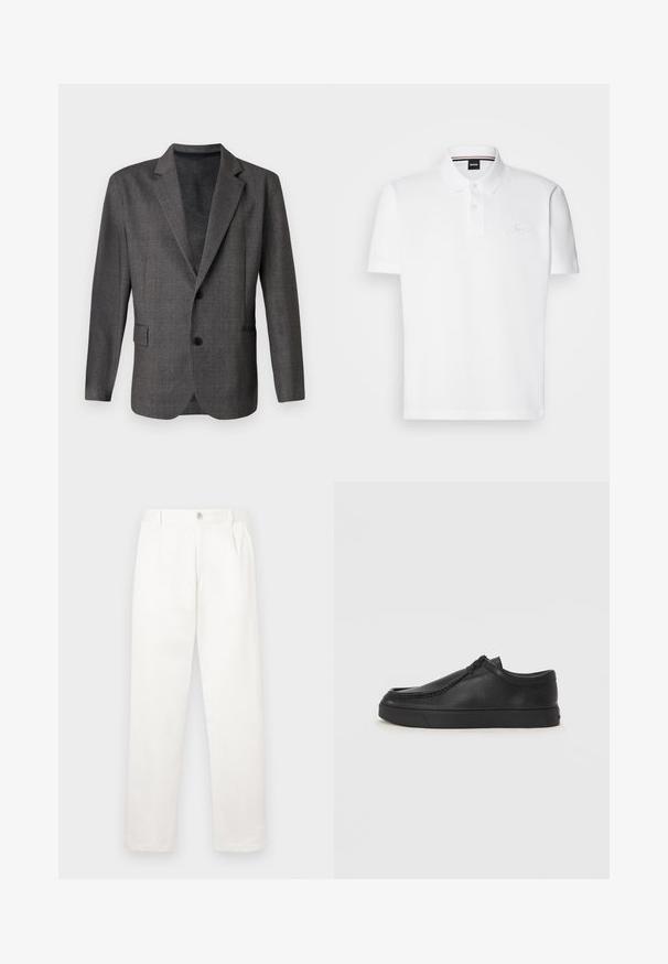 Grå blazer med et teksturert mønster, notched rever, to knapper og en frontlomme. Laget av et glatt stoff, skreddersydd passform.; Hvit polo skjorte laget av en bomulls-polyester blanding, med krage, to-knapps knappestolpe og en diskré brodert logo på brystet.; Hvite bukser laget av glatt stoff, med rett ben-design, frontfolder og en enkelt knappelukking i livet.; Sorte skinnsko uten snøring med rund tå, sydd detaljer og svart gummisåle. Glatt tekstur med minimalistisk design.