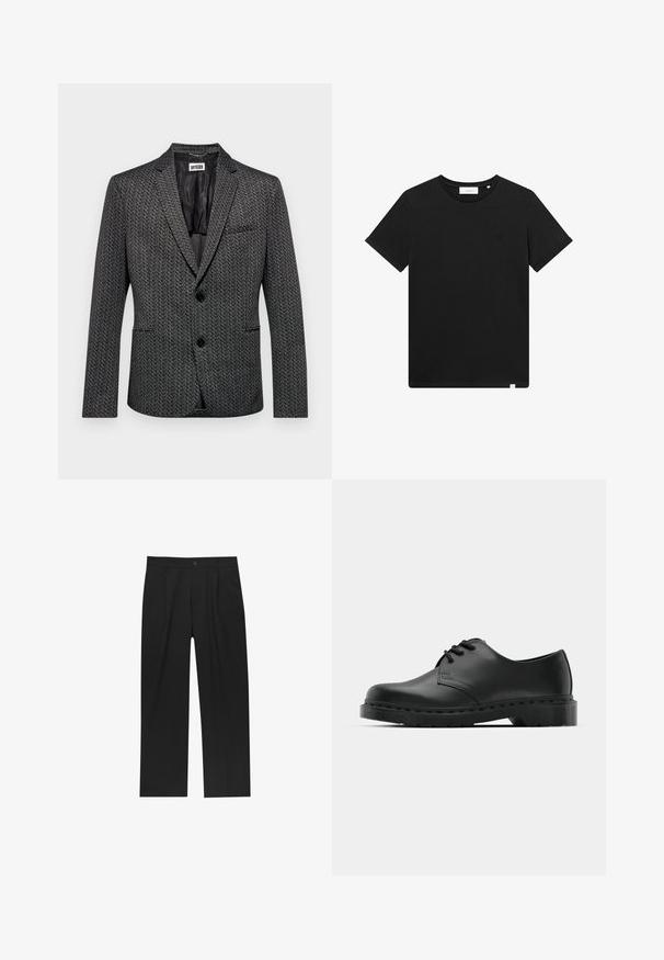 Blazer grigio a fantasia con rever a notched, due tasche frontali, chiusura con un solo bottone e foderatura interna liscia. Tessuto strutturato con design a spina di pesce.; T-shirt nera a maniche corte in cotone, con scollatura rotonda e un piccolo logo ricamato sul petto. Tessuto liscio, vestibilità standard.; Pantaloni neri con un design a gamba dritta, realizzati in un tessuto liscio. Presentano pieghe frontali e una chiusura a un bottone in vita.; Scarpa oxford in pelle nera con design con lacci, punta arrotondata, suola piatta in gomma e dettagli di cucitura discreti lungo la parte superiore.