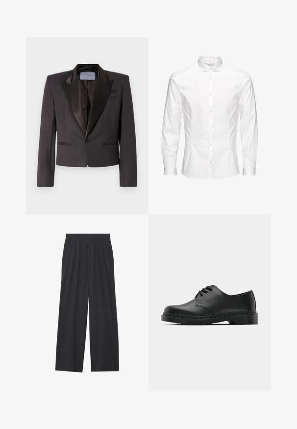 Czarna marynarka smokingowa wykonana z gładkiego materiału z satynowymi klapami, z zapięciem na jeden guzik i podwójnymi przednimi kieszeniami. Ustrukturyzowane ramiona i skrócony krój.; Biała, długosleeve koszula zapinana na guziki, wykonana z gładkiego materiału. Posiada klasyczny kołnierzyk, guziki z przodu oraz mankiety zapinane na jeden guzik. Slim fit.; Szerokie spodnie wykonane z ciemnoszarego materiału. Posiadają pliski w talii, dopasowany krój oraz prostą sylwetkę.; Czarne skórzane półbuty oxford z zapięciem na sznurowadła, zaokrąglonym noskiem, płaską gumową podeszwą oraz subtelnym przeszyciem na cholewce.