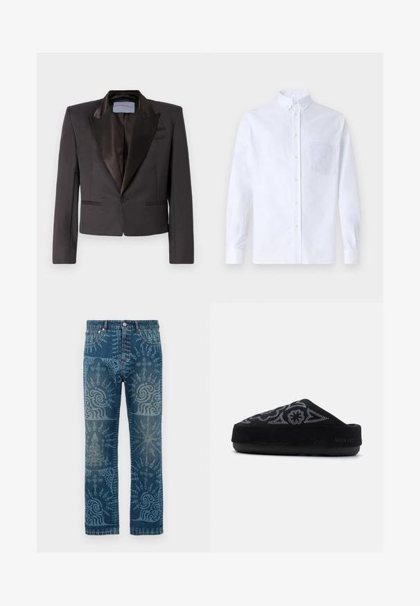 Black tuxedo jacket made of smooth fabric with satin lapels, a single button closure, and double front pockets. Structured shoulders and cropped fit.; White long-sleeve button-up shirt made of cotton, featuring a chest pocket with tonal embroidery, a collar, and button cuffs.; Denim jeans in a medium blue wash, featuring intricate light blue patterns, straight leg design, classic five-pocket style, and button closure.; Black suede slip-on shoe with embroidered design, rounded toe, thick sole, and the text "MOON BOOT" on the heel. Textured surface.