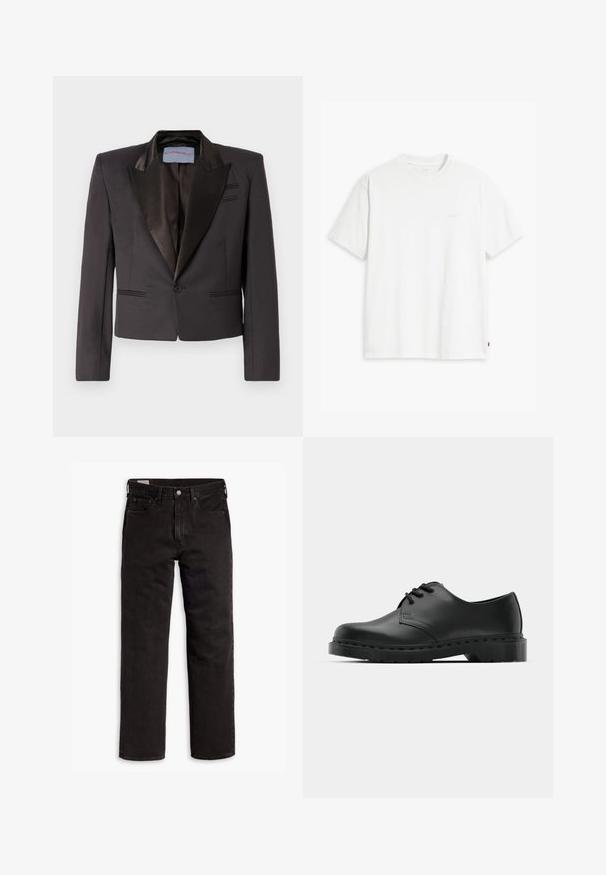 Giacca da smoking nera realizzata in tessuto liscio con rever in satin, chiusura con un solo bottone e due tasche frontali. Spalle strutturate e vestibilità corta.; T-shirt bianca in cotone con maniche corte, colletto tondo e logo Levi's discreto stampato al centro. Texture morbida e vestibilità standard.; Jeans in denim neri a gamba dritta con cinque tasche, chiusura a bottone e passanti per cintura, adagiati su uno sfondo bianco.; Scarpa oxford in pelle nera con design con lacci, punta arrotondata, suola piatta in gomma e dettagli di cucitura discreti lungo la parte superiore.