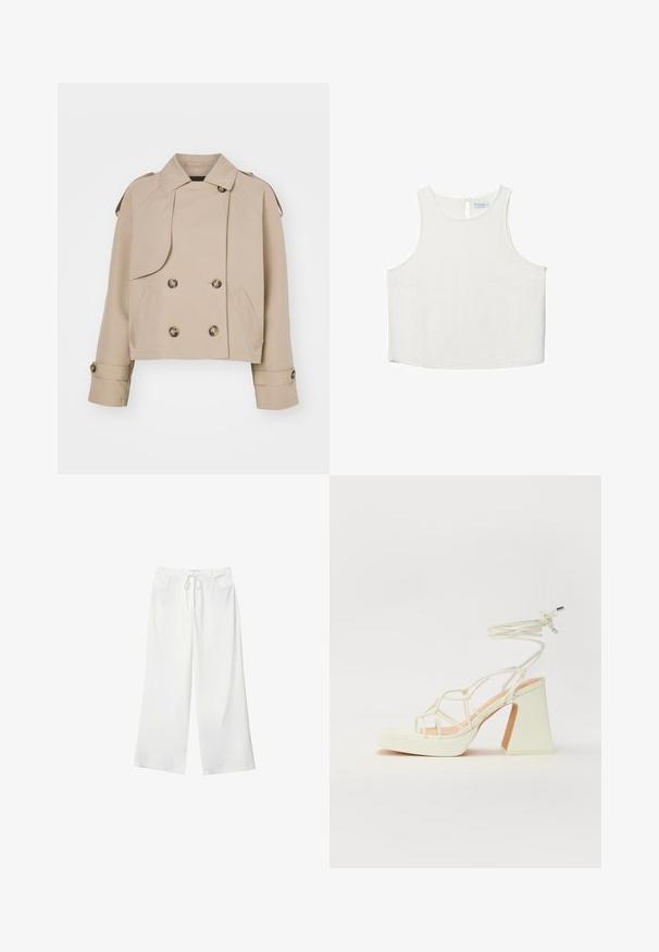 Beige cropped trenchcoat med dobbeltbrystet front, store runde knapper, skulderepauleter og to sidelommer. Glat, letvægtsstof.; Hvid ærmeløs top med rund halsudskæring, der har en subtil tekstur, nøglehulsbagdetalje og lige kant.; Hvide bukser med vidde lavet af blødt stof, med bindebånd i taljen og to forlommer. Glat tekstur og uden synlige mønstre.; Hvide højhælede sandaler med en kraftig hæl, der har et stropdesign og ankelbinding. Glat tekstur med en platform foran for ekstra højde.