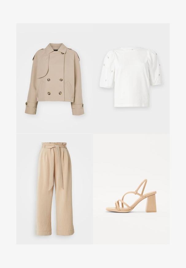 Beige cropped trenchcoat med dobbeltradet front, store runde knapper, skulderepauletter og to sidelommer. Glatt, lett materiale.; Hvit bomull T-skjorte med korte pufferm, med små sølvdekorasjoner langs ermene. Klassisk rund hals, avslappet passform.; Beige vide bukser med belte i midjen, laget av teksturert stoff. Har en frontfold og en jevn finish langs kanten.; Nude høyhælte sandaler med firkantet blokkhelle, tynne stropper og en glatt, blank overflate. Enkel design med stropper på overdelen.