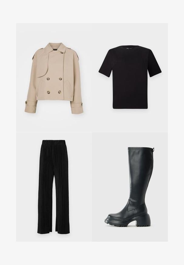 Beige cropped trench coat with double-breasted front, large round buttons, shoulder epaulets, and two side pockets. Smooth, lightweight fabric.; Black short-sleeve t-shirt with a round neckline, crafted from soft cotton fabric. Simple design, no visible logos or patterns.; Black pleated trousers with an elastic waistband. Features wide legs and a smooth, textured fabric with vertical stripes.; Tall black leather boot with chunky platform sole and block heel, featuring pull tab and textured tread on outsole.