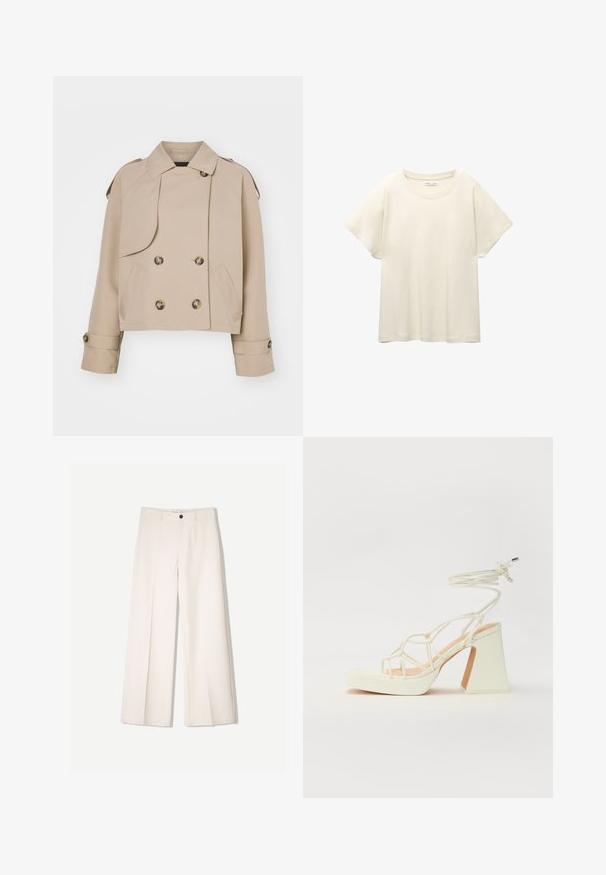 Beige lyhyesti leikattu trenssi, jossa on kaksirivinen etuosa, suuret pyöreät napit, olkasuojat ja kaksi sivutaskua. Sileä, kevyt kangas.; Vaaleanbeige lyhythihainen t-paita, jossa on pyöreä kaula-aukko, valmistettu pehmeästä ja sileästä kankaasta. Ominaisuuksina rento mitta ja suora helma.; Kerman leveletut housut räätälöidyllä designilla, joissa on kaksi etutaskua ja yksi etunapituksilla, valmistettu sileästä kankaasta.; Valkoinen korkokenkä, jossa on paksu korko, ja joka sisältää nauhakiinnityksen ja nilkkaketjun. Sujuva pinta, jossa on platform-etupohja lisäkorkeutta varten.