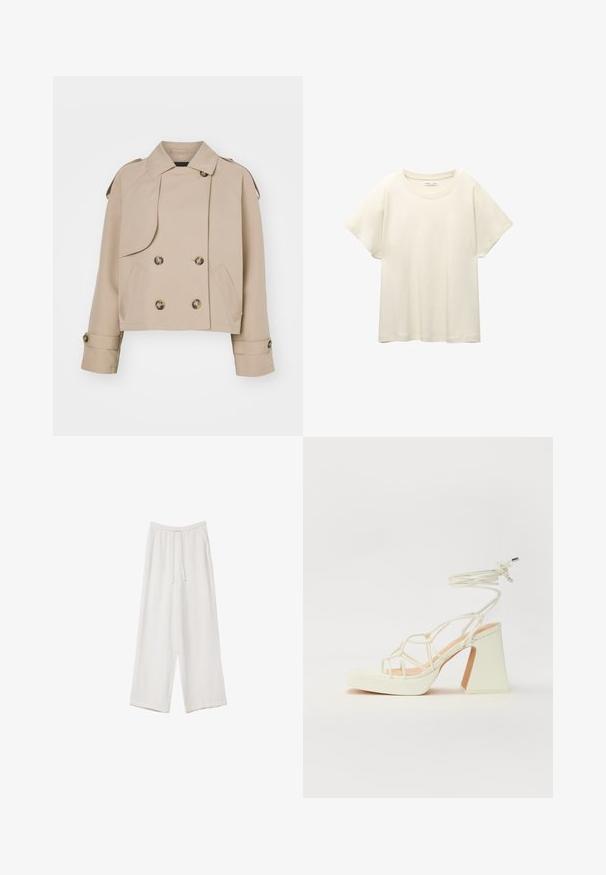 Bežani skraćeni trench kaput s dvostrukim kopčanjem sprijeda, velikim okruglim gumbima, ramenim epauletima i dva bočna džepa. Glatka, lagana tkanina.; Svijetlo bež majica kratkih rukava s okruglim izrezom, izrađena od meke, glatke tkanine. Karakterizira je opušteni kroj i ravni rub.; Bijele hlače širokih nogavica napravljene od lagane tkanine. Imaju elastičan pojas s ušicom i bočne džepove. Glatka tekstura.; Bijela sandala na visokoj potpetici s debelim petom, s remenom i vezanjem oko gležnja. Glatka tekstura s platformom sprijeda za dodatnu visinu.