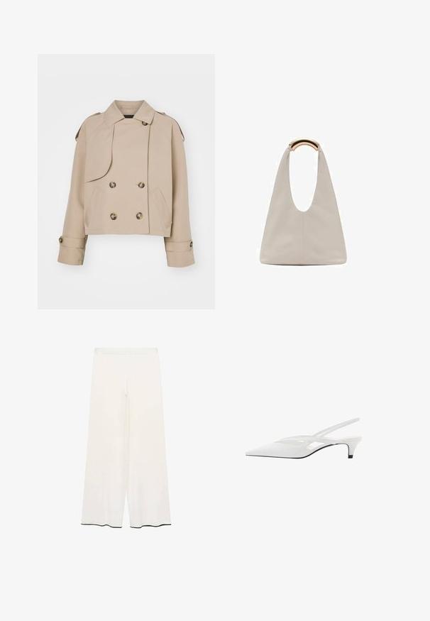 Béžový zkrácený trenčkot s dvojitým zapínáním vpředu, velkými kulatými knoflíky, ramenními epauletami a dvěma bočními kapsami. Hladká, lehká tkanina.; Lehký krémový top s krátkými rukávy, kulatým výstřihem a na boku s nařasením pro vyhlazený siluetu.; Kalhoty s širokými nohavicemi v krémové tkanině s hladkým povrchem. Mají čistý pas a černé lemování podél lemu pro kontrast.; Bílé slingback podpatky se špičatou špičkou, s hladkým svrškem, jemnými výřezy a nízkým blokovým podpatkem. Černá podrážka zvýrazňuje design.; Světlá šedá kožená taška s U-tvarovaným designem a zakřivenou kovovou rukojetí. Hladký povrch s minimálním šitím a bez viditelných vzorů.