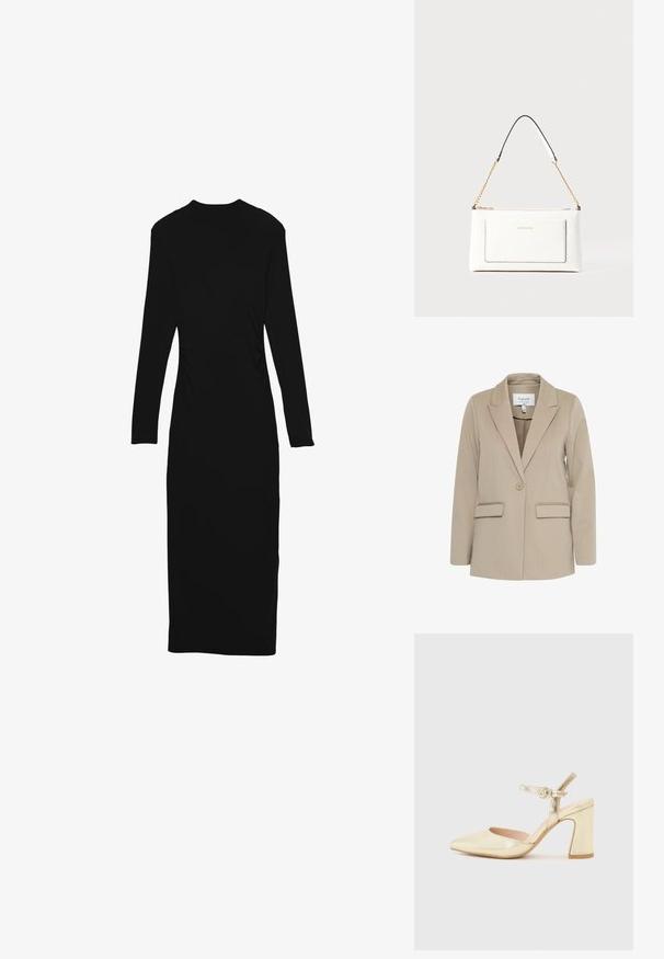 Beige blézer texturált anyagból, kilapolt hajtókával, egy gombos záródással és két elülső zsebbel.; Fekete hosszú ujjú ruha, kerek nyakkivágással, testhez simuló fazonnal, ráncolt oldalrésszel és félkörös hosszúsággal. Simogató, rugalmas anyagból készült.; Arany fémes magas sarkú cipő hegyes orral, bokapánttal, amelyen köralakú csat található, és tömzsi sarokkal rendelkezik. Simás textúra.; Fehér bőr kézitáska, texturált felülettel, arany lánccal és fekete részletekkel. Elülső zsebbel és cipzáros zárással rendelkezik.