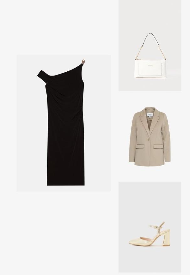Beige blazer van gestructureerde stof, met een notch-kraag, enkele knoopsluiting en twee voorzakken.; Zwarte een-schouder jurk gemaakt van gedrapeerde stof met een gouden accent op de schouder, zachte textuur en een knielange ontwerp.; Gouden metallic hoge hak schoen met een spitse neus, een enkelband met een ronde sluiting en een chunky hak ontwerp. Gladde textuur.; Witte leren handtas met een textuurafwerking, voorzien van een gouden schouderhengsel en zwarte accenten. Inclusief een voorvak en ritssluiting.