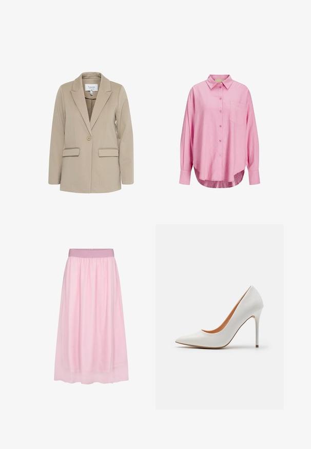Beige blazer lavet af tekstureret stof, med en klapkrave, enkelt knaplukning og to forreste lommer.; Lyserød button-up skjorte med krave, lange ærmer, enkelt brystlomme og en let afrundet kant. Stoffet ser blødt ud.; Rosa tylskørt med et blødt, gennemsigtigt design. Har en elastisk talje og en svævende silhuet, der skaber en lagdelt effekt.; Hvid patentlæder højhælet pumpe med spids tå og slank stiletto-hæl, der har en glat overflade og en beige inderside.
