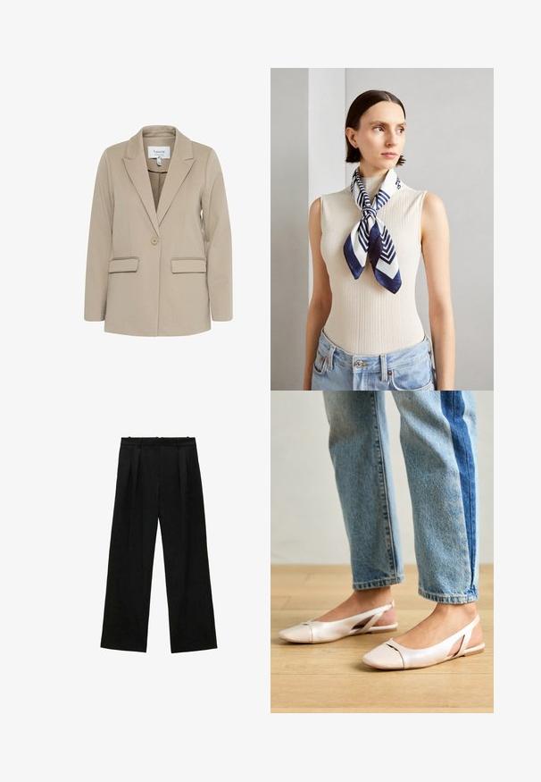 Sacou bej realizat dintr-un material texturat, având rever cu crestătură, închidere cu un singur buton și două buzunare frontale.; Tricou alb cu mânecă scurtă, made din bumbac moale. Are un guler rotund și o croială lejeră. Design curat, fără modele sau accente vizibile.; Pantaloni negri cu picioare largi și pliseuri, având o textură netedă și un design cu talie înaltă. Stil minimalist, fără accesorii sau detalii vizibile.; Sandalete plate de un roz pal cu vârf ascuțit, realizate dintr-un material asemănător pielii, neted. Prezintă detalii decupate pe laterale și un toc plat.; Eșarfă din mătase în nuanțe de albastru marin și alb, cu un model geometric în zigzag. Textură netedă, legată cu grijă în jurul gâtului, completând un top cu dungi.