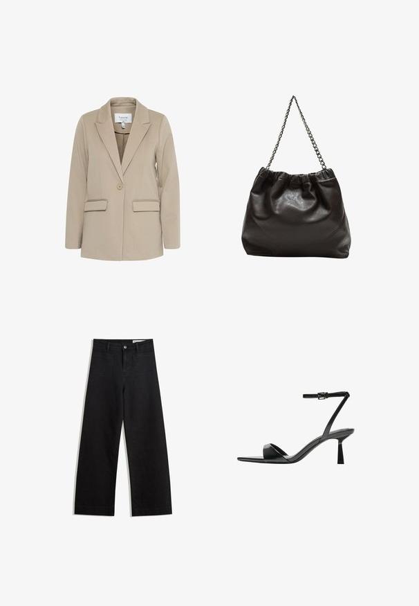Béžový blazer vyrobený z textúrneho materiálu, s klopaným golierom, jedným gombíkom a dvoma prednými vreckami.; Biele bavlnené tričko s krátkymi, stočenými rukávmi, okrúhlym výstrihom a rovnou lemovkou. Hladká textúra bez viditeľných vzorov alebo akcentov.; Čierne denimové nohavice s širokými nohavicami a vysokým pásom, so prednými a zadnými vreckami, šitými švami a zapínaním na gombík. Hladká textúra.; Bershka Sandále na vysokom opätku - black; Hnedá kožená taška so zberaným vrchom a reťazovým popruhom. Hladký povrch s lesklým finišom a jemným švom po stranách.