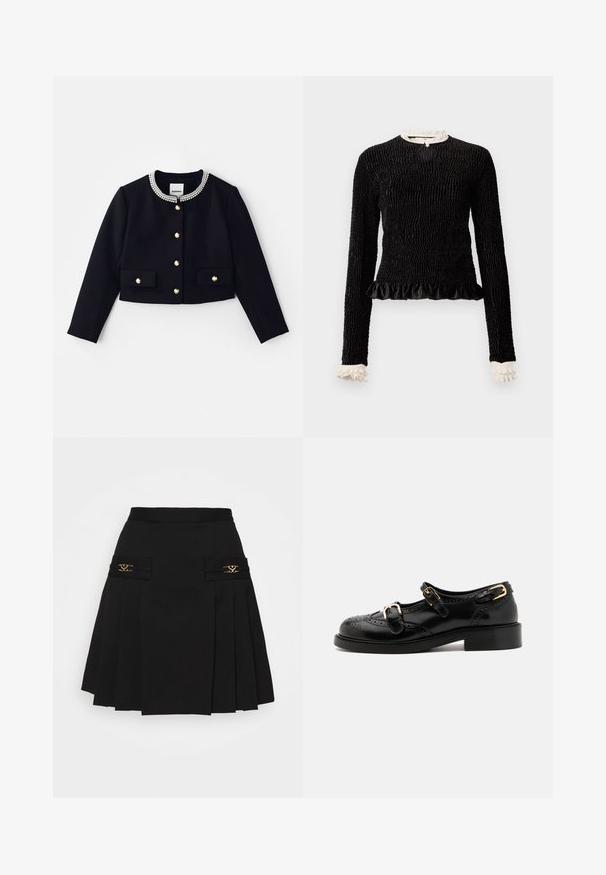 Melnas īsās jakas ar garām piedurknēm, rotāta apkakle ar caurspīdīgām un zeltītām akcentiem, kā arī zeltītas pogas priekšā un kabatās.; Melnas garām piedurknēm blūze ar teksturētu audumu, viļņotu apakšmalu un baltajiem viļņotajiem akcentiem apkaklē un piedurkņu galos. Iekļauj centrālo aplokšņu aizdari.; Melna plisuota svārki ar zelta apdari. Funkcijas sānu kabatas ar logotipa detaļām, izgatavoti no gludas materiāla. A-līnijas siluets.; Melnas ādas kurpes ar brogue detaļām, ar diviem sprādžu siksnām, noapaļotu purngalu un zemu papēdi. Gluda tekstūra ar spīdīgu apdari.