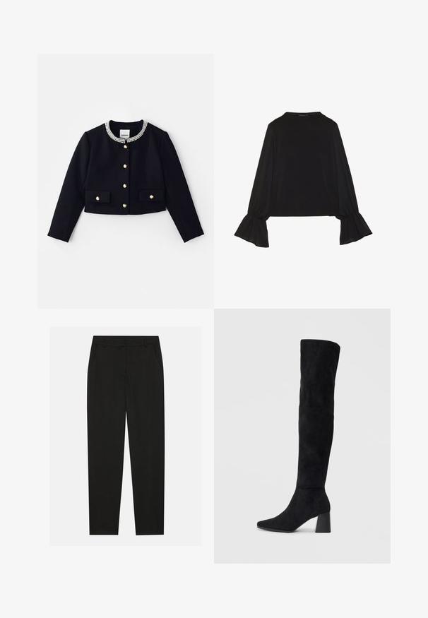 Giacca nera corta con maniche lunghe, colletto decorato con accenti trasparenti e dorati, e bottoni dorati sul davanti e sulle tasche.; Maglietta nera a maniche lunghe con polsini svasati, texture morbida e vestibilità rilassata, con un semplice collo rotondo.; Pantaloni neri dal design sartoriale, con tasche laterali e gamba dritta. Realizzati in tessuto liscio e leggero con una finitura elegante.; Stivale in suede nero alto fino al ginocchio con tacco a blocco, punta affusolata e design liscio e senza cuciture su uno sfondo chiaro e semplice.