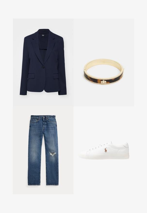 Marineblå blazer lavet af glat stof med en skræddersyet pasform, hakker, enkelt knaplukning og to frontlommer.; Hvid skjorte med knapper, spids krave, lange ærmer og et lille blåt logo på venstre bryst. Fremstillet af bomuldsstof.; Navy blå polo skjorte lavet af bomuld med korte ærmer, tre-knaps placket og et rødt broderet logo på venstre bryst.; Blå denim jeans med medium talje, fem lommer og et hullet slid på højre knæ.; Hvide lædersneakers, lavtop design, med en glat tekstur, rund tå, snørret front og et lille broderet logo på siden.; Lauren Ralph Lauren CREST BANGLE - Armbånd - gold-coloured/tort