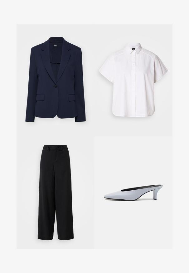 Marineblå blazer lavet af glat stof med en skræddersyet pasform, hakker, enkelt knaplukning og to frontlommer.; Hvid kortærmet skjorte med knaplukning, spidse kraver og buet nederste kant. Lavet af bomuld med en glat struktur og uden synlige mønstre.; Sorte brede bukser lavet af glat stof, med en flad front, plisserede detaljer og bæltestropper i taljen.; Lys blå patentlæder mule med spids tå, lav gennemsigtig hæl og et elegant design med udskæring ved vamps.