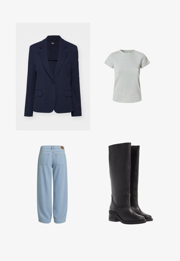 Sacou bleumarin dintr-un material neted, cu o croială ajustată, rever ascuțit, închidere cu un singur nasture și două buzunare frontale.; Tricou din bumbac gri, cu mâneci scurte și guler rotund. Textură netedă, croială clasică și fără modele sau embellishments vizibile.; Pantaloni din denim de un albastru deschis, cu o croială relaxată, ce includ două buzunare la spate, un tiv cu o etichetă din piele maro și glezne conice.; Bocanci negri din piele, până la genunchi, cu o textură netedă, vârf rotunjit și toc masiv. Prezintă cusături subtile și un design fluid.