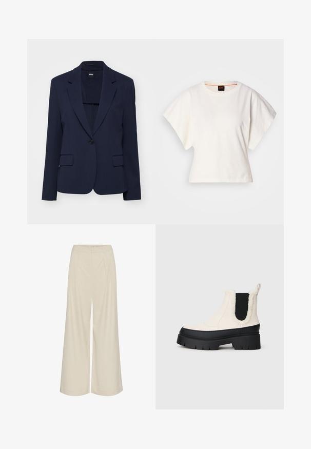 Marineblauwe blazer van gladde stof met een getailleerde pasvorm, met notch-revers, een enkele knoopsluiting en twee voorzakken.; Witte gecropte T-shirt, korte brede mouwen, zachte katoenmaterialen, ronde halslijn met subtiele oranje rand, minimalistisch ontwerp, geen patronen of graphics.; Wijdbenige broeken van een lichtbeige stof, met plooien, een hoge taille en een gladde textuur zonder zichtbare versieringen.; Chunky platform enkellaarsjes met een witte bovenkant, zwarte rubberen zool en contrasterende zwarte elastische zijkanten. Nepbonten rand aan de bovenrand.