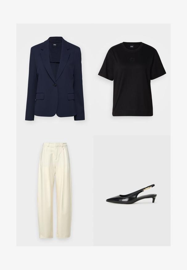 Navy zils bleizeris, izgatavots no gludas auduma ar pielāgotu piegriezumu, ar iedobtiem apkakles galiem, vienu pogu aizdari un divām priekšējām kabatām.; Melna kokvilnas T-krekls ar apaļu izgriezumu, īsām piedurknēm un izšūtu logotipu uz krūtīm. Vienkāršs, brīvs piegriezums bez rakstiem.; Plecuotas, augstās jostas bikses gaiši krēmkrāsas audumā. Ir taisnas griezuma un gluda tekstūra. Nav kabatu vai redzamu detaļu.; Melnas ādas slingback zābaki ar smailu purngalu, ar šauru papēdi un zelta krāsas akcentu uz regulējama siksniņas. Gluda tekstūra.