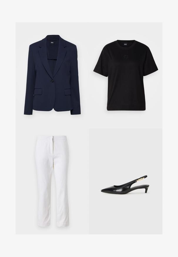 Ναυτικό μπλε σακάκι από λείο ύφασμα με κομψή γραμμή, με αυλακωτές πέτες, κλείσιμο με έναν μόνο κουμπί και δύο μπροστινές τσέπες.; Μαύρο βαμβακερό μπλουζάκι με στρογγυλή λαιμόκοψη, κοντά μανίκια και κεντημένο λογότυπο στο στήθος. Απλή, χαλαρή γραμμή χωρίς σχέδια.; Λευκά βαμβακερά παντελόνια με ίσια γραμμή, με μέση στο μέσο ύψος και χωρίς ορατό μεταλλικό εξάρτημα ή σχέδια. Λείος υφασμάτινος χαρακτήρας σε όλη την επιφάνεια.; Μαύρες δερμάτινες γόβες slingback με μυτερή μύτη, διαθέτοντας λεπτό τακούνι και χρυσή λεπτομέρεια στην ρυθμιζόμενη λωρίδα. Λείος υφές.