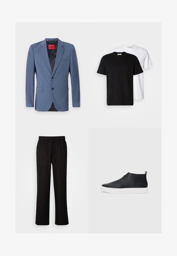 Light blue tailored blazer with a two-button closure, notch lapels, and side pockets. Features a black lining and a red brand label.; Two plain cotton T-shirts, one black placed in front of a white one, both with short sleeves and round necklines.; Black pants with a relaxed fit, made from lightweight fabric. Features an elastic waistband, button closure, and two front pockets.; Black leather high-top sneakers with a smooth finish, white rubber sole, and simple lace-up design. Features a pull tab at the back.
