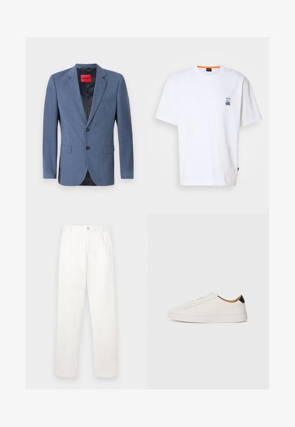 Light blue tailored blazer with a two-button closure, notch lapels, and side pockets. Features a black lining and a red brand label.; White cotton t-shirt featuring a small blue logo and graphic design on the left chest; relaxed fit with a classic crew neckline.; White trousers made from smooth fabric, featuring a straight leg design, front pleats, and a single button closure at the waist.; White sneaker with a smooth leather upper, round toe, and flat sole. Black accent at the heel, featuring tonal laces and minimal branding.