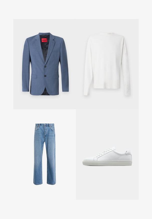 Blazer su misura azzurro chiaro con chiusura a due bottoni, rever a punta e tasche laterali. Presenta una fodera nera e un'etichetta del marchio rossa.; Camicia bianca in cotone a maniche lunghe con scollatura rotonda, spacchi laterali in fondo e una texture liscia, mostrata da dietro.; Jeans in denim blu chiaro con design a gamba dritta, cinque tasche, chiusura con bottone, leggero sbiadimento e dettagli di cucitura a contrasto.; Sneaker bianco con tomaia in pelle liscia e profilo basso. Presenta una punta arrotondata, sei occhielli e una suola in gomma testurizzata.